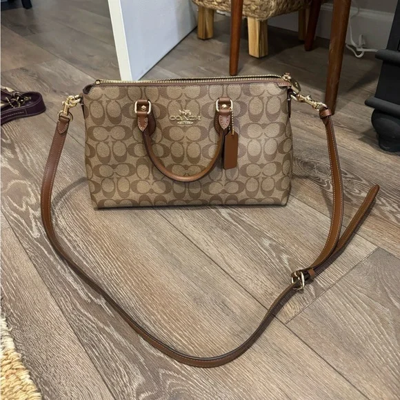 Coach Signature Canvas Satchel with Brown Leather Trim - Picture 9 of 10